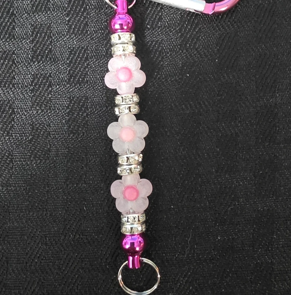 HANDCRAFTED Pink and Silver Flower Keychain - Picture 2 of 2